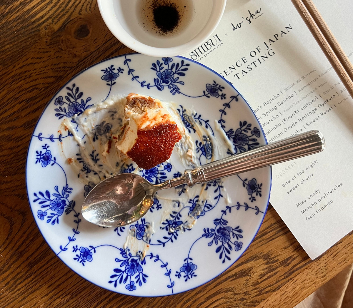 Tea, dessert and a tasting menu at the table